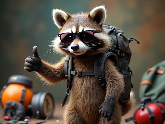 Studio shot of a raccoon wearing sunglasses and a backpack, giving a thumbs up, adventure gear scattered around