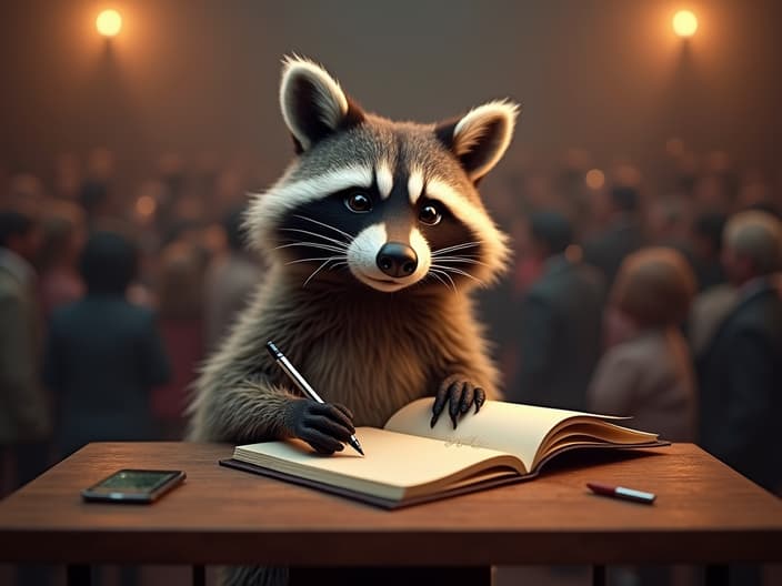 Studio shot of a raccoon writing a script for a party skit, with a crowd of people in the background