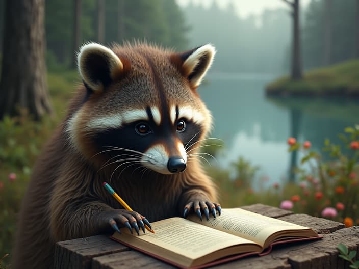 Studio shot of a raccoon writing a story about a monster from the Mazury, with a lake and forest background