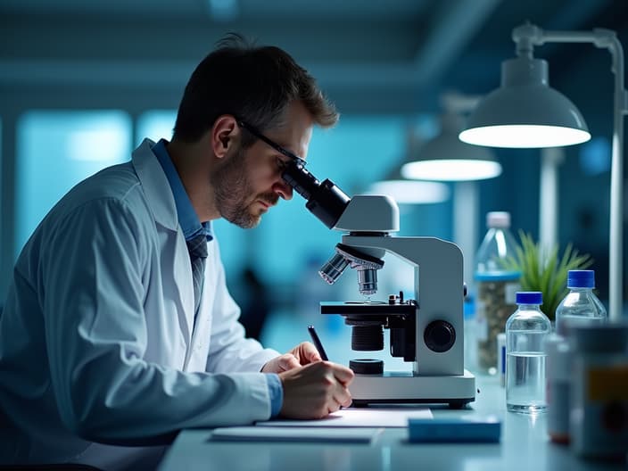 Studio shot of a researcher using a microscope and taking notes, scientific laboratory setting