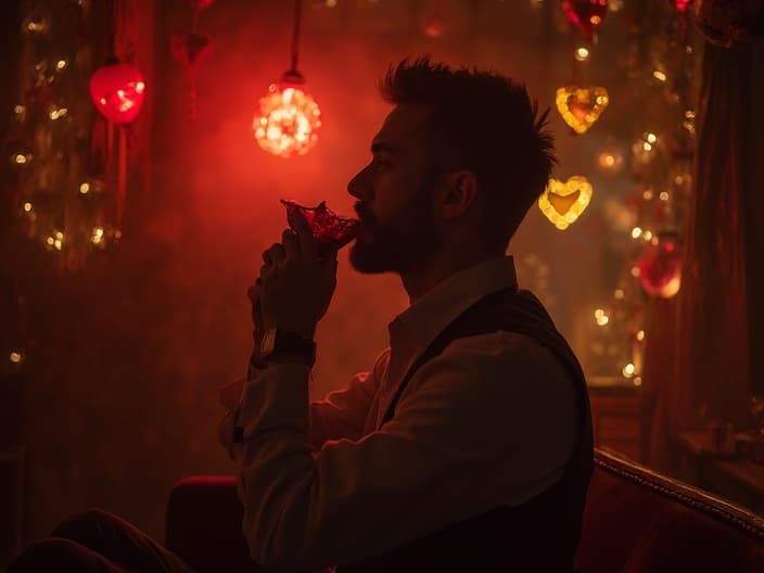 Studio shot of a romantic man surrounded by date night props, warm lighting