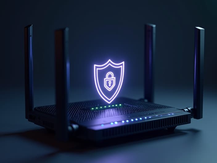 Studio shot of a router with a security shield and antivirus software icon