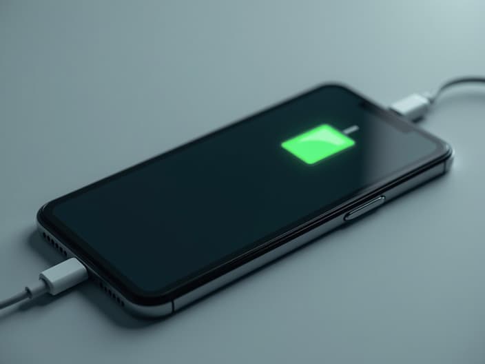 Studio shot of a smartphone connected to a charger but with a depleted battery icon