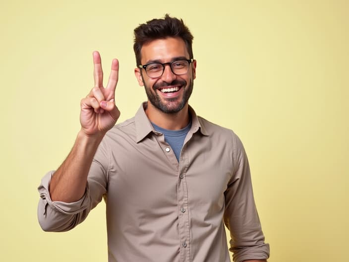 Studio shot of a supportive man with a 'you can do it' gesture, bright background