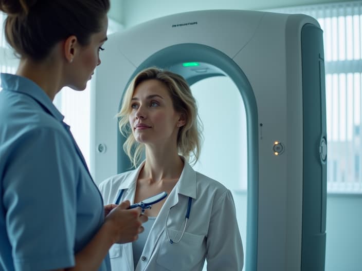 Studio shot of a woman getting a mammogram, with a doctor nearby