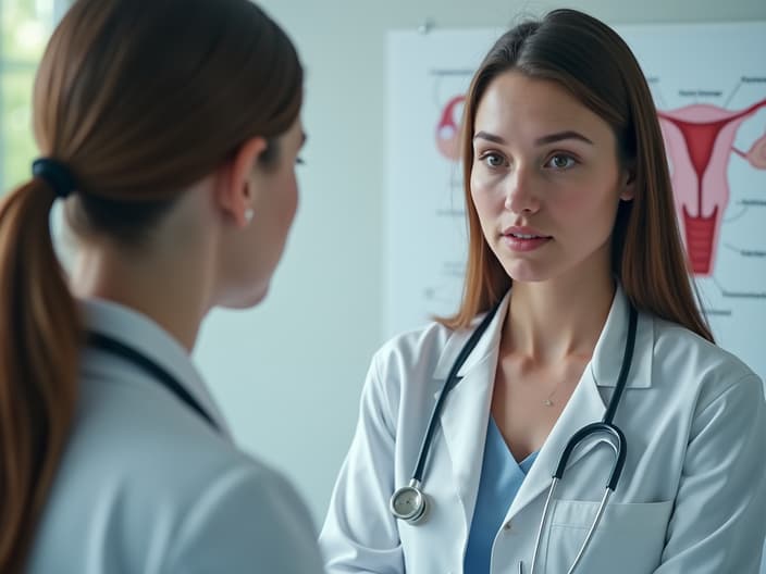 Studio shot of a woman talking to a doctor, with a diagram of the female reproductive system