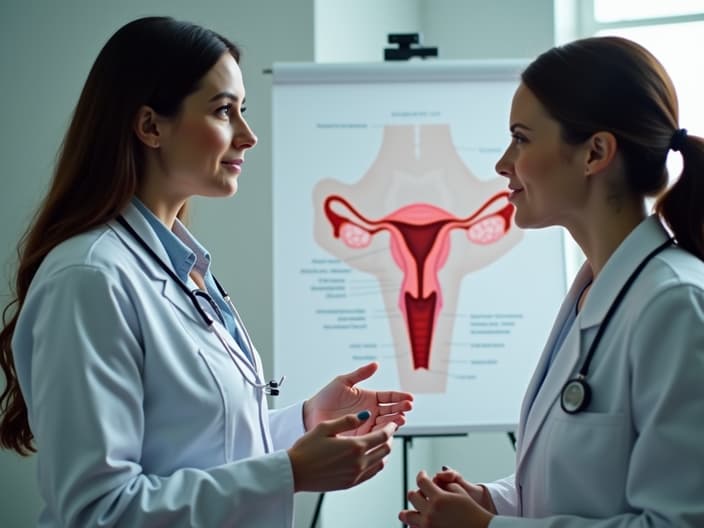 Studio shot of a woman talking to a gynecologist, with a diagram of the female reproductive system