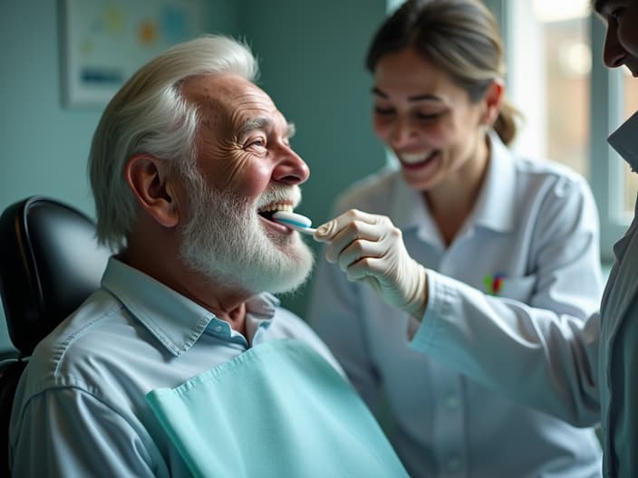 Studio shot of an elderly person brushing their teeth, with a dentist nearby