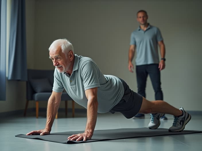 Studio shot of an elderly person doing low-impact exercises, with a trainer nearby