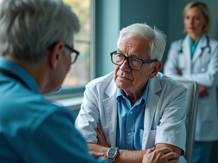 Studio shot of an elderly person getting a medical exam, with a doctor nearby