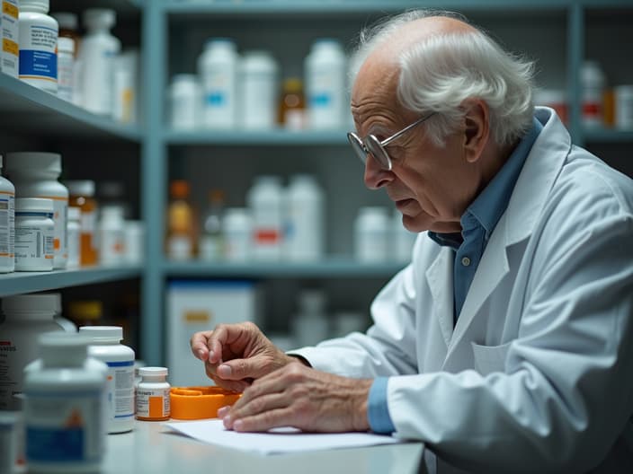 Studio shot of an elderly person organizing their medication, with a pharmacist nearby