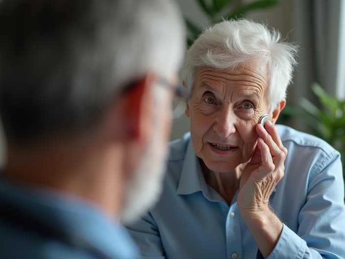 Studio shot of an elderly person using a hearing aid, with an audiologist nearby