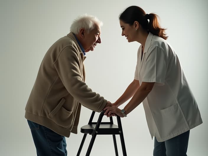 Studio shot of an elderly person using a walker, with a caregiver nearby