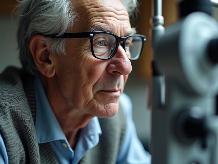 Studio shot of an elderly person wearing glasses, with an optometrist nearby