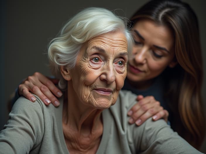 Studio shot of an elderly person with dementia, with a caregiver nearby