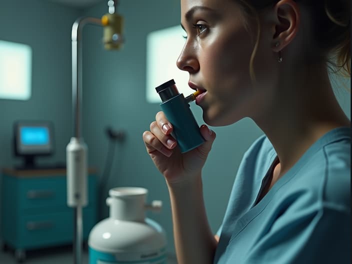 Studio shot of an inhaler and a person with an oxygen tank, medical equipment nearby