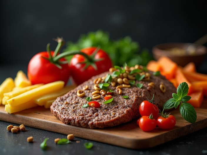 Studio shot of athlete's meal with protein sources and complex carbs, dynamic composition