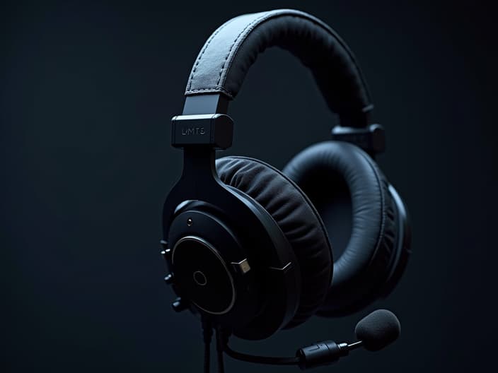 Studio shot of gaming headphones with microphone and sound quality specs