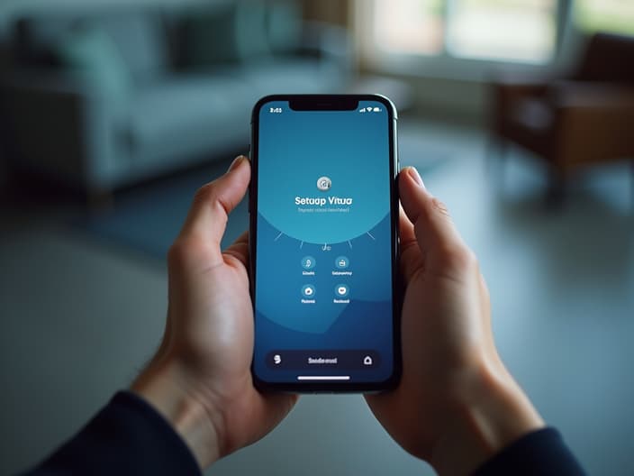 Studio shot of hands holding a new smartphone with setup wizard on screen, soft focus background