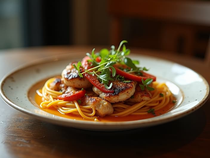 Studio shot of healthy restaurant meal on elegant plate, atmospheric lighting