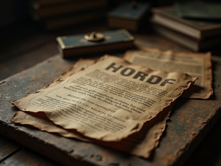 Studio shot of old photographs and documents from World War I era, dramatic lighting