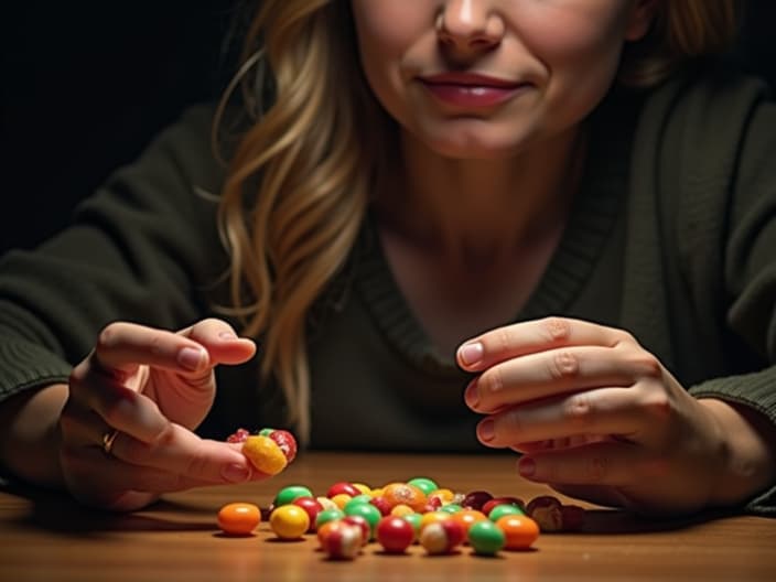 Studio shot of person choosing between healthy snack and candy, dramatic lighting