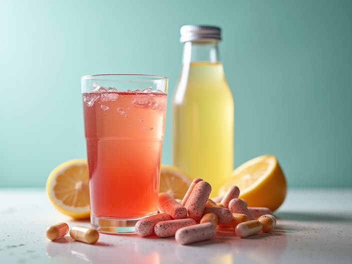 Studio shot of rehydration drinks and medications for stomach issues