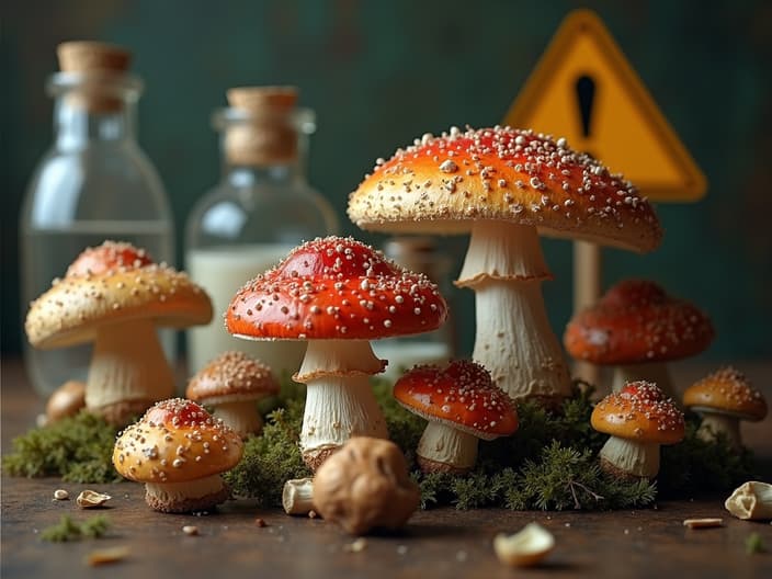 Studio shot of various mushrooms with a 'caution' sign, medical supplies in background