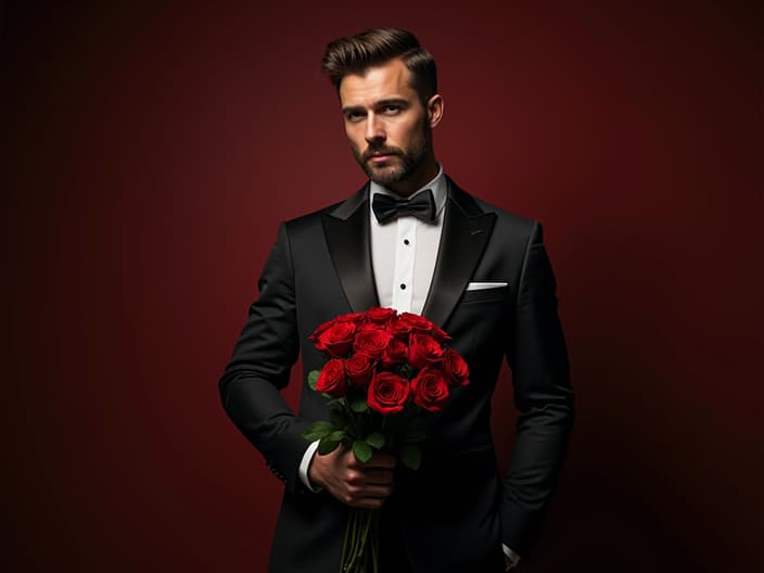 Stylish man in a suit holding roses, studio setting with romantic lighting