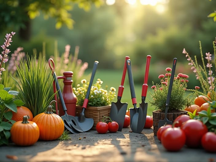 Summer garden tools and equipment for convenience, outdoor setting with studio lighting