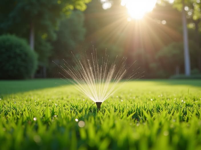 Summer lawn care tips, watering and mowing techniques, outdoor setting with studio lighting