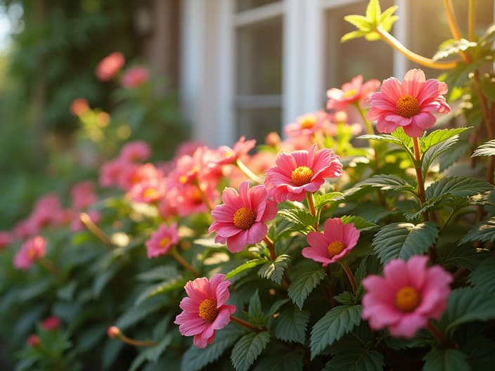 Summer-blooming flowers for balcony gardens, close-up shots, outdoor setting with studio lighting