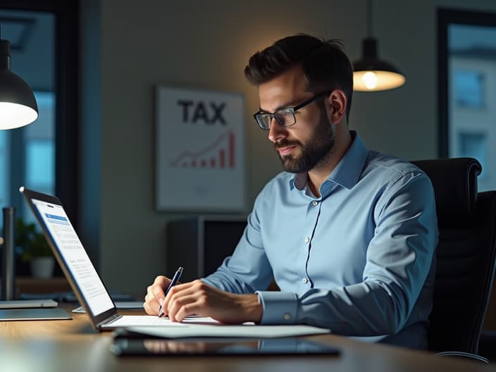 Tax consultant reviewing tax calendar, office environment, professional lighting