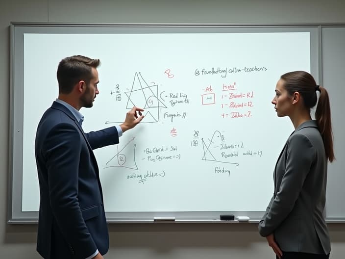 Teacher explaining geometric formulas on a whiteboard to a confused student