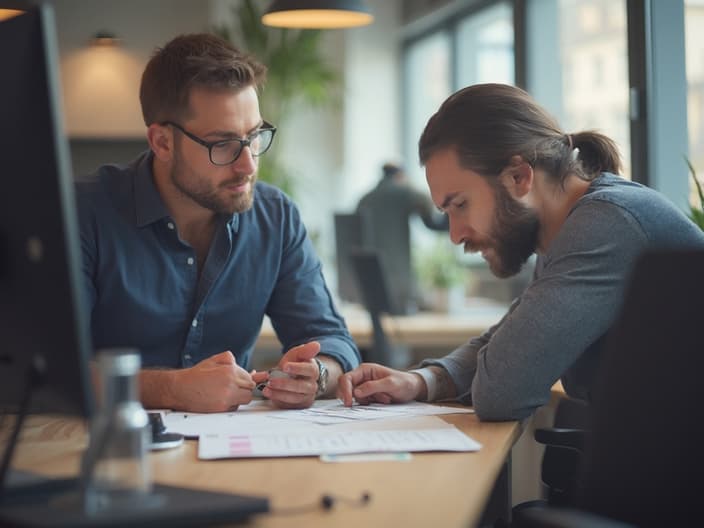 Team leader providing feedback to team member, collaborative workspace