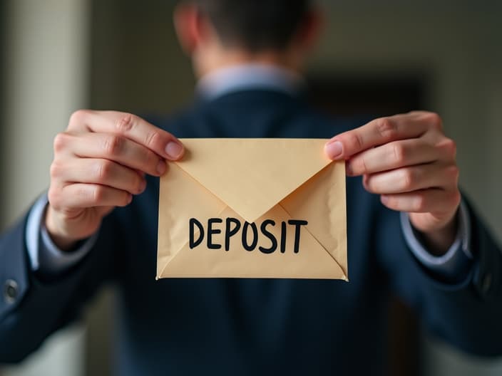 Tenant holding empty envelope labeled 'DEPOSIT', landlord's back turned in background