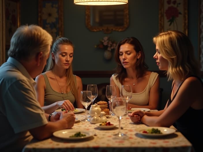 Tense dinner scene with a couple and in-laws, awkward body language