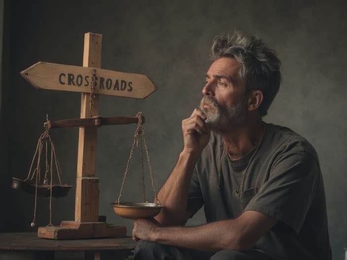 Thoughtful man in a studio setting with a decision-making prop like a scale or crossroads sign