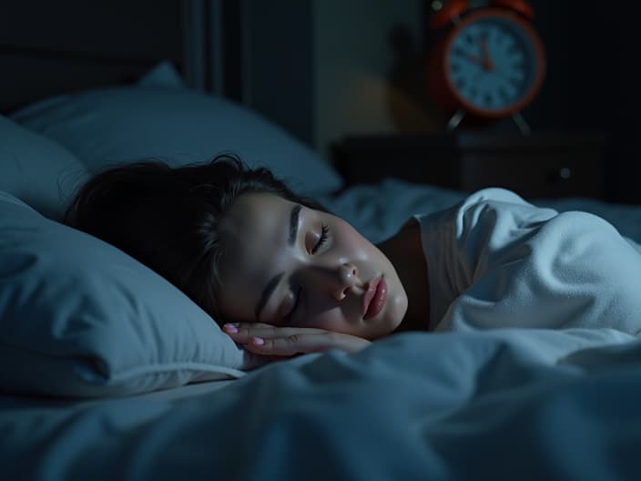 Tired person lying awake in bed, with a clock in the background