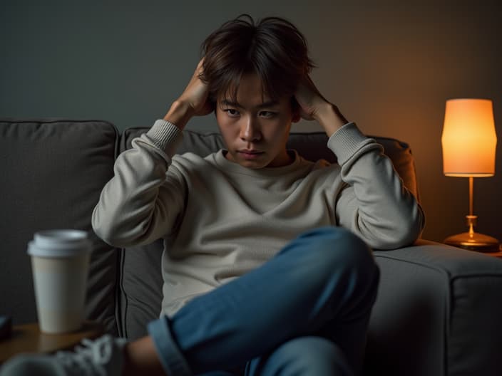 Tired person sitting on a couch, with a coffee cup nearby