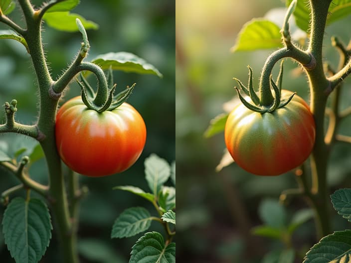 Tomato plants with blight protection methods, comparison shot, garden setting with studio lighting