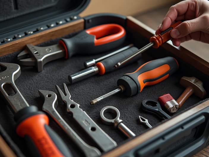 Toolbox with various tools and a person holding a screwdriver