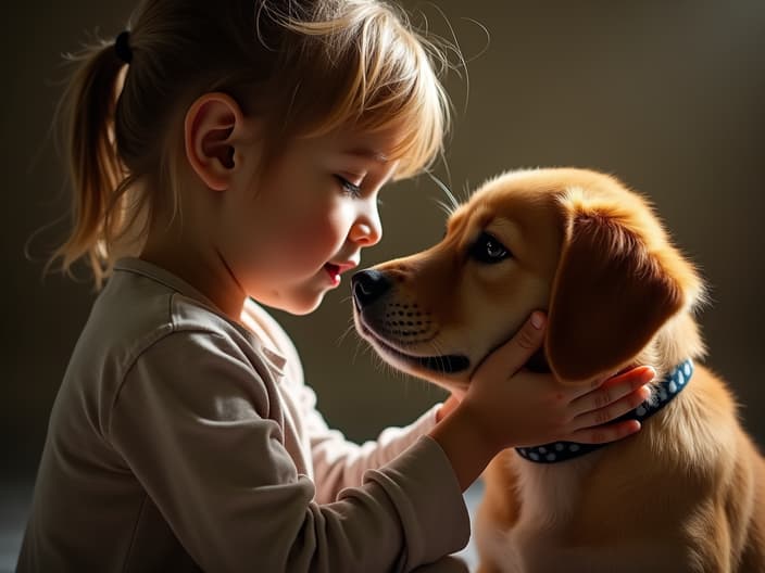 Touching studio portrait of a child gently petting a rescue dog, warm lighting