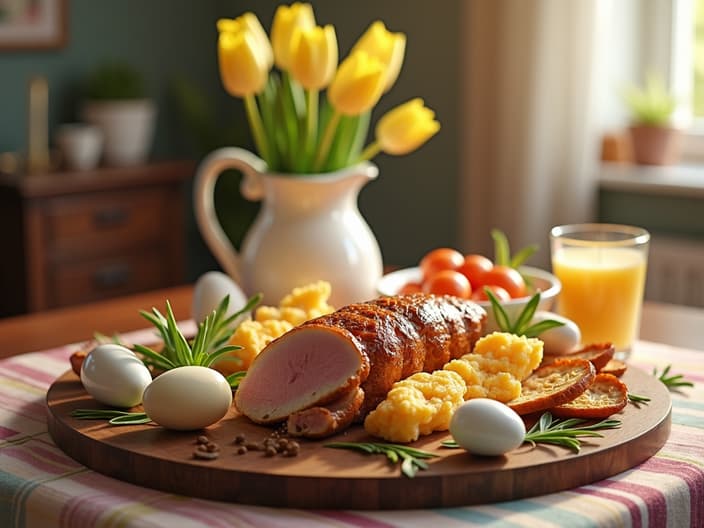 Traditional Easter breakfast spread, spring decorations