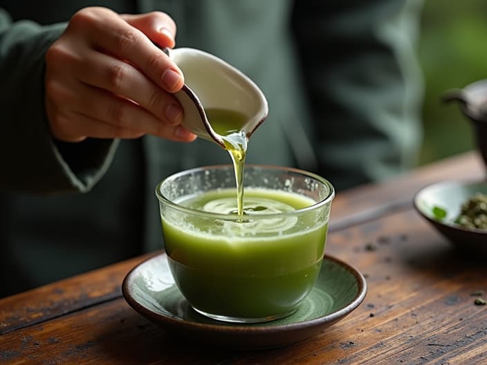 Traditional green tea preparation, steeping process shown