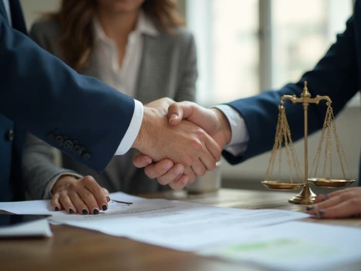 Two businesspeople shaking hands over contract, scales of justice in background