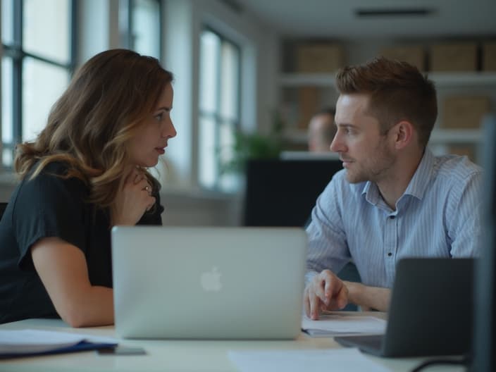 Two colleagues having a serious discussion in an office setting