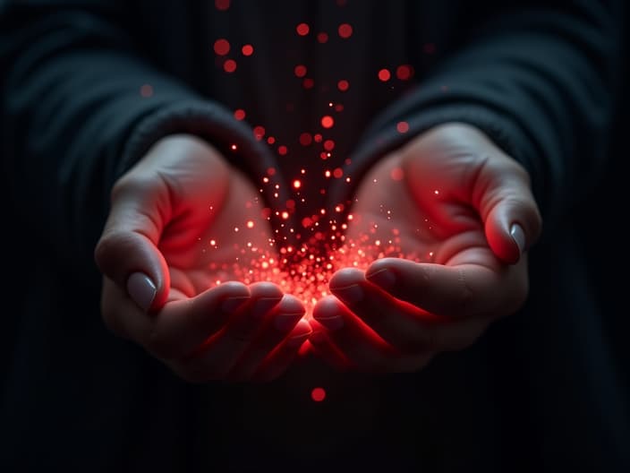 Two hands holding a glowing red thread against a starry background, soft focus studio shot