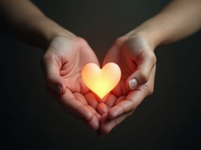 Two hands reaching towards each other with a glowing heart between, soft focus studio shot