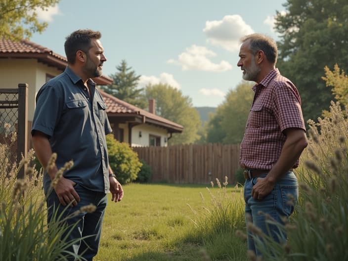 Two neighbors arguing over property line, misplaced fence visible between them